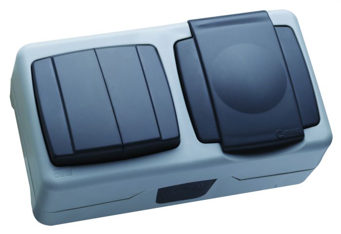 Розетка + вимикач двоклавішний, з кришкою Nemliyer Plus, із з/к, без шторок, сірий, Makel [36064203]