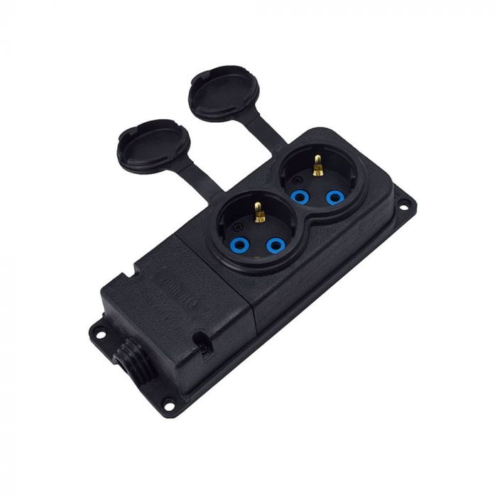 Розетка каучукова двомісна стаціонарна 2KMP 2Р+РЕ, 16А, IP44, чорна, Bylion [403357]