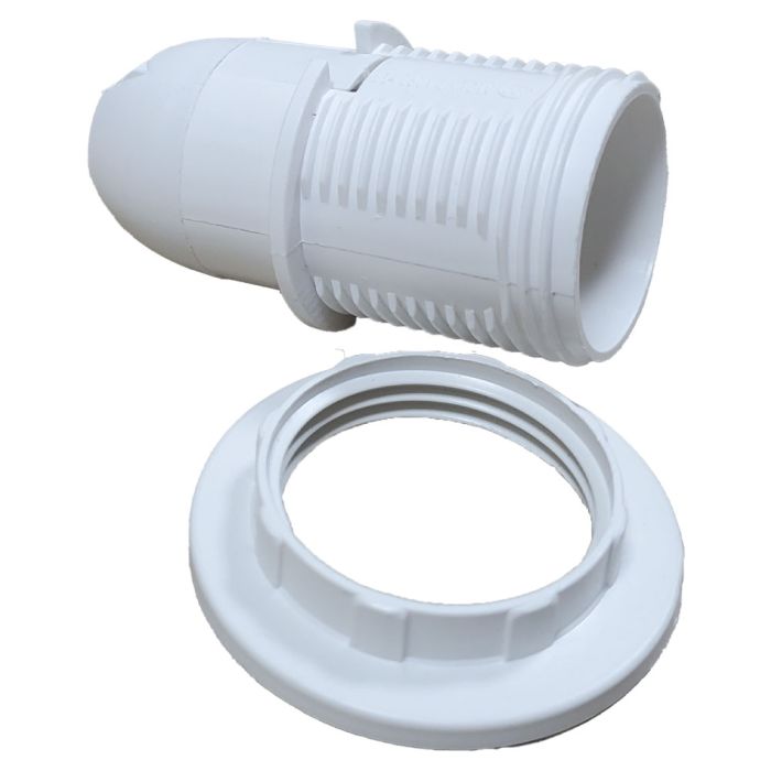 Патрон пластиковий Е14 зі стопором та з гайкою, білий, TAKEL [503716]