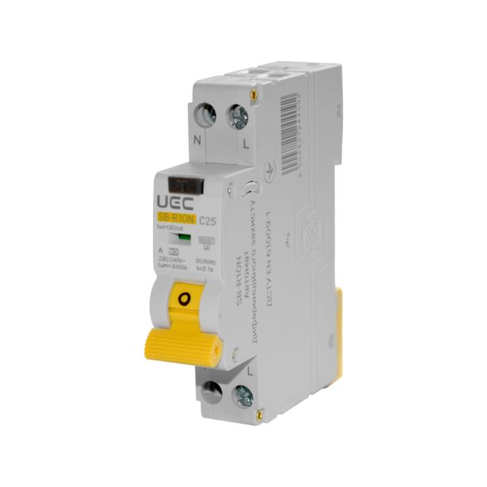Авт. диф. захисту SB-R10N 2P C 25A  30mA Tип A  6kA UEC [RCBO-R10N-2-025-C-030-A]