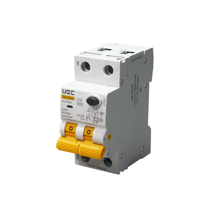 Автомат диференційного захисту SB-R9NE 2P C 16A  10mA Tип AC  6kA UEC [RCBO60-2-016-C-010-AC]
