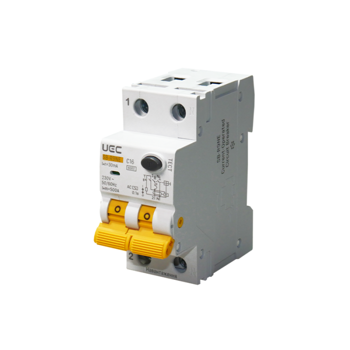 Автомат диференційного захисту SB-R9NE 2P C 16A  30mA Tип AC  6kA UEC [RCBO60-2-016-C-030-AC]