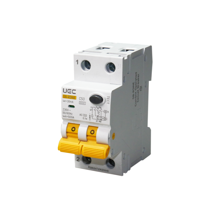 Автомат диференційного захисту SB-R9NE 2P C 50A  30mA Tип AC  6kA UEC [RCBO60-2-050-C-030-AC]