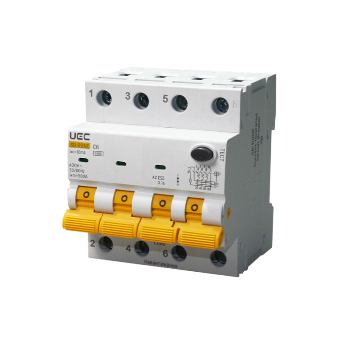Автомат диференційного захисту SB-R9NE 4P C 06A  10mA Tип AC  6kA UEC [RCBO60-4-006-C-010-AC]