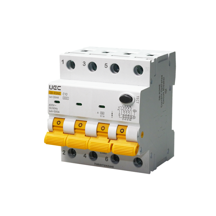 Автомат диференційного захисту SB-R9NE 4P C 10A  30mA Tип A  6kA UEC [RCBO60-4-010-C-030-A]