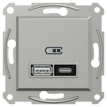 Подвійний зарядний пристрій USB, Asfora, тип A+C, 21 Вт, механізм з супортом, алюміній, Schneider Electric [EPH2700561]