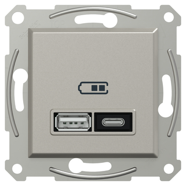 Подвійний зарядний пристрій USB, Asfora, тип A+C, 21 Вт, механізм з супортом, бронза, Schneider Electric [EPH2700569]