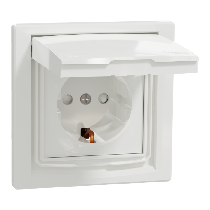 Розетка IP44 з кришкою, з заземленням, з захисними шторками, біла Asfora, Schneider Electric [EPH3100321]