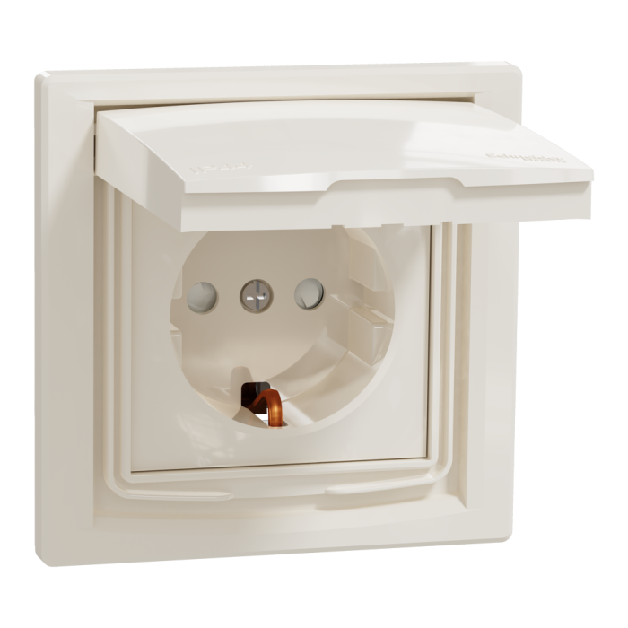 Розетка IP44 з кришкою, з заземленням, з захисними шторками, крем Asfora, Schneider Electric [EPH3100323]