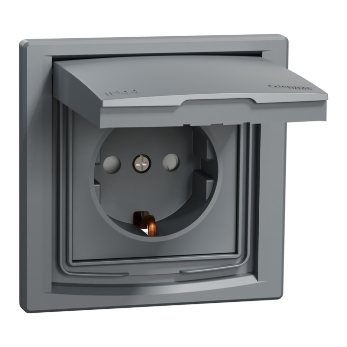 Розетка IP44 з кришкою, з заземленням, з захисними шторками, сталь Asfora, Schneider Electric [EPH3100362]