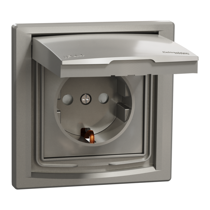 Розетка IP44 з кришкою, з заземленням, з захисними шторками, бронза Asfora, Schneider Electric [EPH3100369]