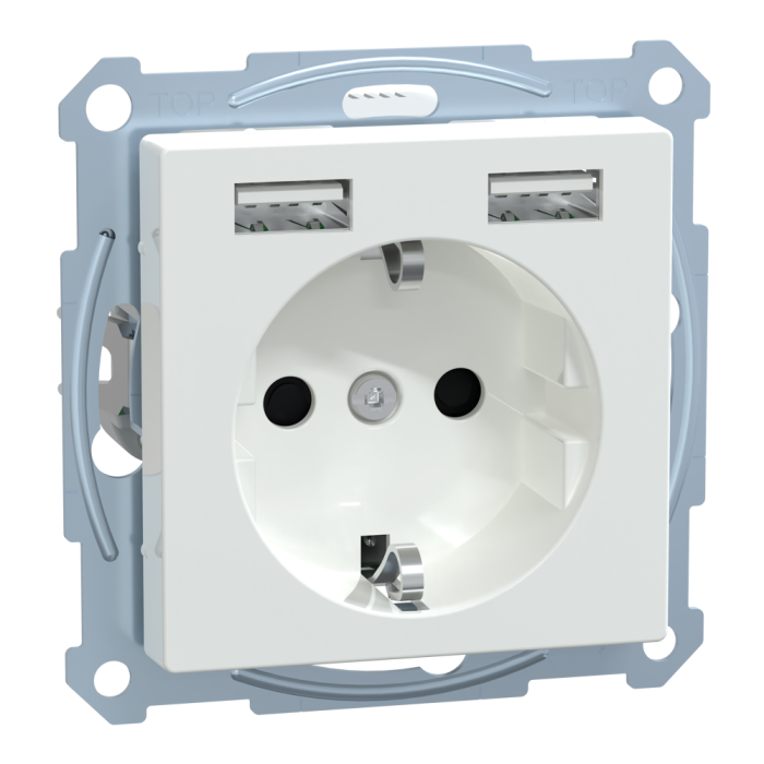 Зарядний пристрій USB + розетка, Merten, Розетка Schuko з 2 USB 2, білий (ral 9016), Schneider Electric, [MTN2366-0325]