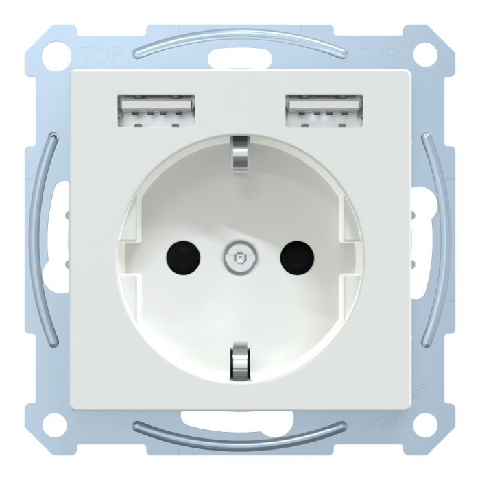 Зарядний пристрій USB + розетка, Merten, Розетка Schuko з 2 USB 2, білий (ral 9016), Schneider Electric, [MTN2366-0325]