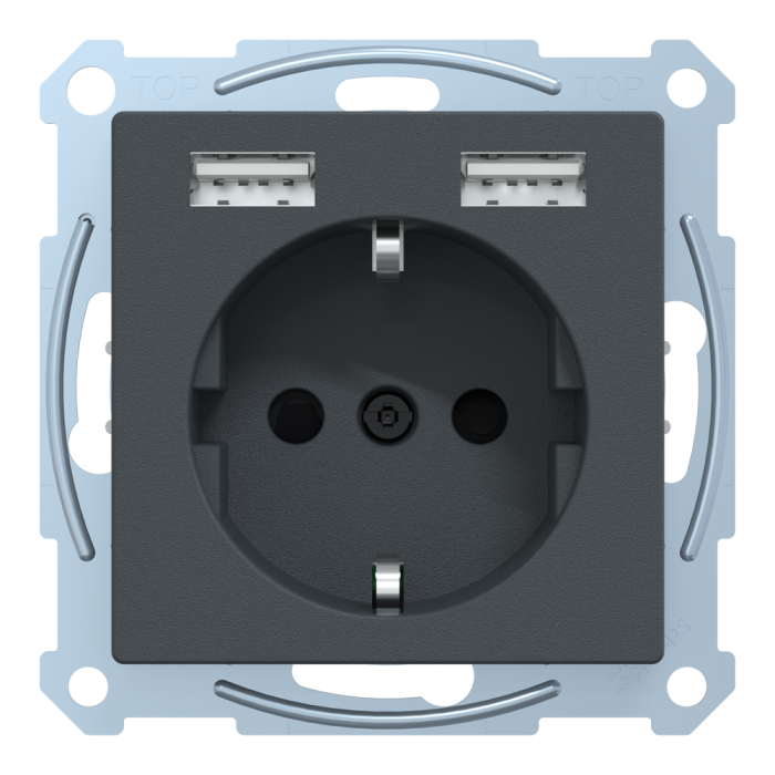 Зарядний пристрій USB + розетка, Merten, Розетка Schuko з 2 USB 2, чорний (ral 7024), Schneider Electric, [MTN2366-0414]