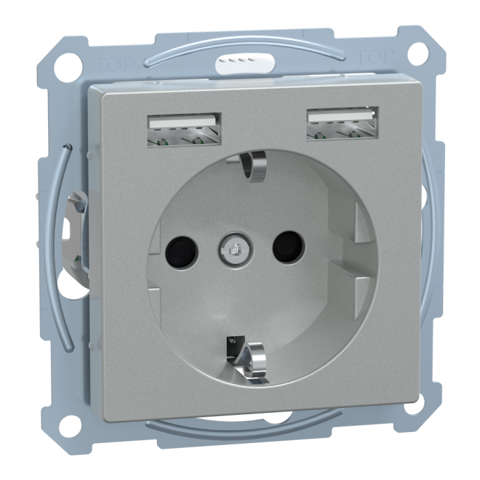 Зарядний пристрій USB + розетка, Merten, Розетка Schuko з 2 USB 2, алюмінієвий, Schneider Electric, [MTN2366-0460]