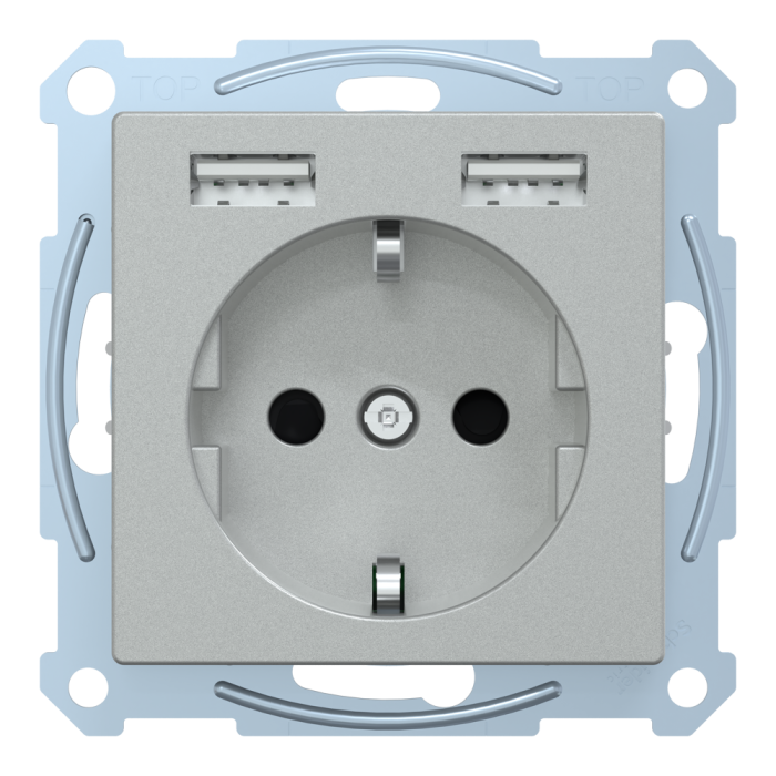 Зарядний пристрій USB + розетка, Merten, Розетка Schuko з 2 USB 2, алюмінієвий, Schneider Electric, [MTN2366-0460]