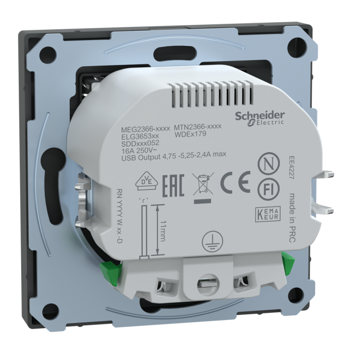 Зарядний пристрій USB + розетка, Merten, Розетка Schuko з 2 USB 2, чорний (ral 7024), Schneider Electric, [MTN2366-6034]