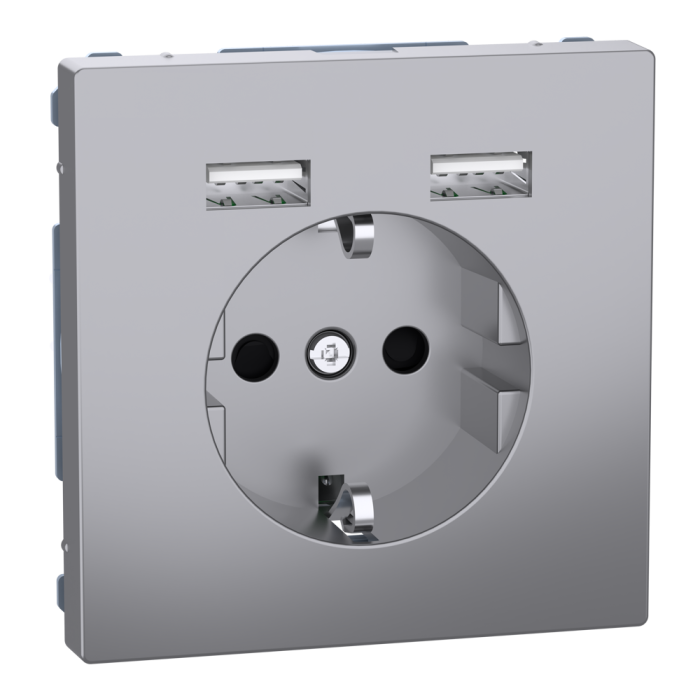 Зарядний пристрій USB + розетка, Merten, Розетка Schuko з 2 USB 2, нержавіюча сталь, Schneider Electric, [MTN2366-6036]