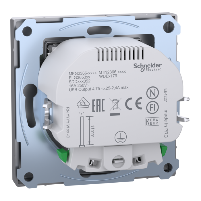 Зарядний пристрій USB + розетка, Merten, Розетка Schuko з 2 USB 2, нержавіюча сталь, Schneider Electric, [MTN2366-6036]