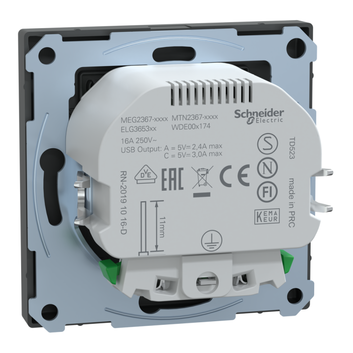 Зарядний пристрій USB + розетка, 16 А, чорна, Merten, Schneider Electric [MTN2367-6034]