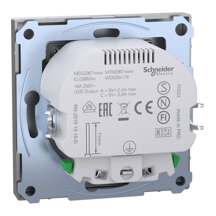 Зарядний пристрій USB + розетка, Merten, D-Life РОЗЕТКА 16 A USB A+C 3 A, нержавіюча сталь, Schneider Electric, [MTN2367-6036]