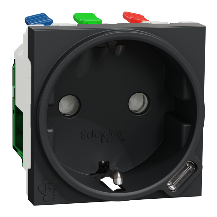 Зарядний пристрій USB + розетка, 10 А, 2 модулі, чорна, Unica New, Schneider Electric [NU301754]