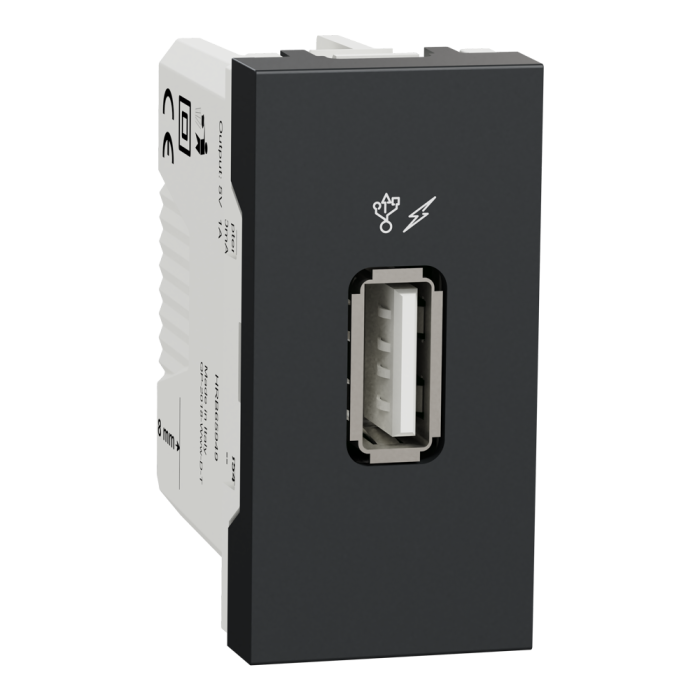USB розетка, Unica New, Розетка USB 1 модуль антрацит, чорний (ral 7021), Schneider Electric, [NU342854]