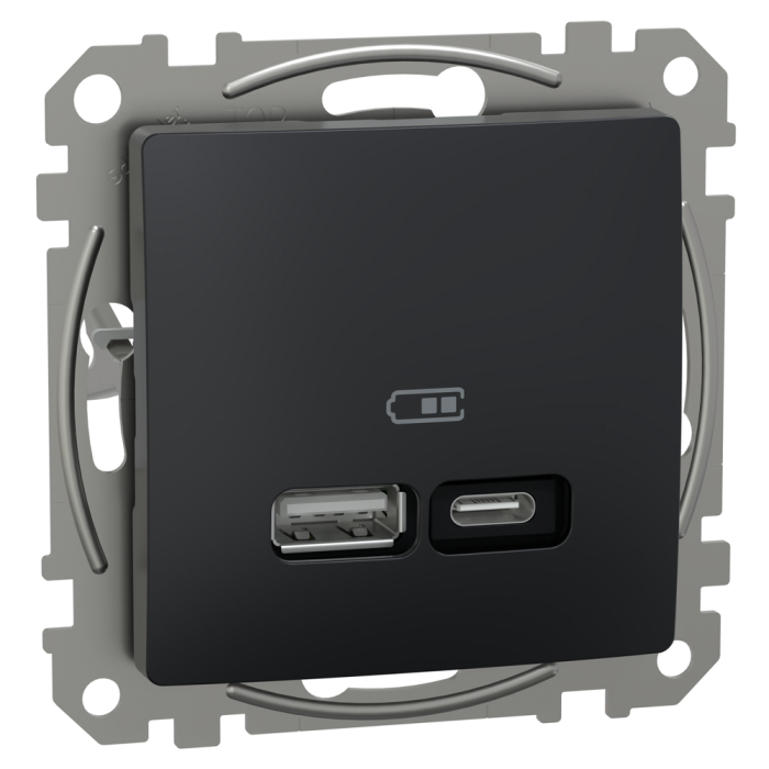 USB розетка | USB розетка, Sedna Design&Elements, USB розетка, Sedna Design & Elements, тип A+C, 3 A, 21 Вт, чорний, Schneider Electric, [SDD114405]