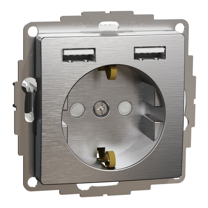 Зарядний пристрій USB + розетка, Sedna Design&Elements, Розетка з заземленням + 2 USB тип А Матовий алюміній Sedna Elements, матовий алюмінієвий, Schneider Electric, [SDD170052]