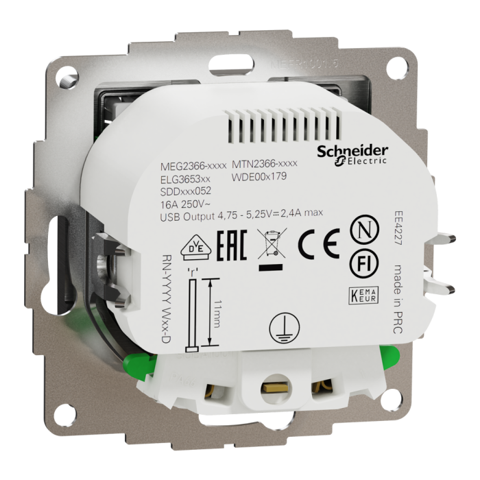 Зарядний пристрій USB + розетка, Sedna Design&Elements, Розетка з заземленням + 2 USB тип А Матовий алюміній Sedna Elements, матовий алюмінієвий, Schneider Electric, [SDD170052]