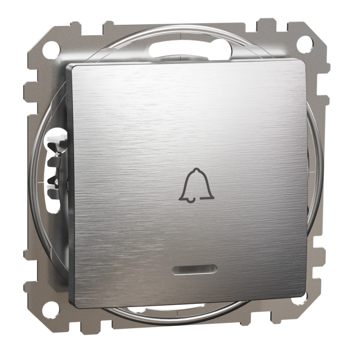 Кнопка, Sedna Design&Elements, Вимикач кнопковий з символом ''Дзвоник'' з синьою підсвіткою, 10A, матовий алюміній, матовий алюмінієвий, Schneider Electric, [SDD170131L]