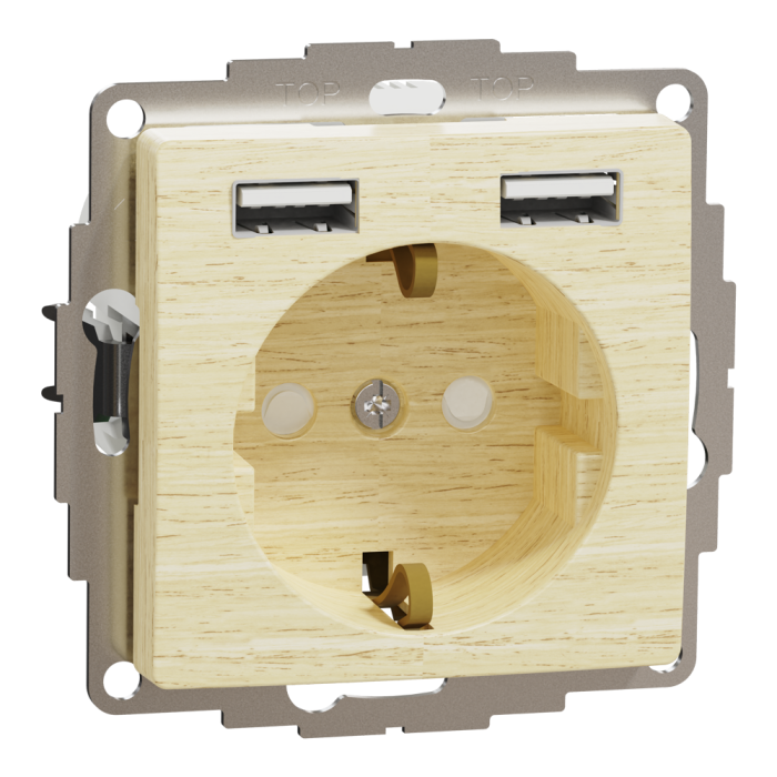 Зарядний пристрій USB + розетка, Sedna Design&Elements, Розетка з заземленням + 2 х USB типу А, колір березового дерева, Schneider Electric, [SDD180052]