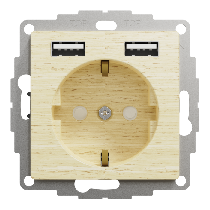 Зарядний пристрій USB + розетка, Sedna Design&Elements, Розетка з заземленням + 2 х USB типу А, колір березового дерева, Schneider Electric, [SDD180052]
