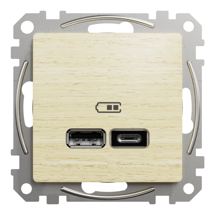 USB розетка, Sedna Design&Elements, типу А+С, 2, 4 А, колір березового дерева, Schneider Electric, [SDD180402]