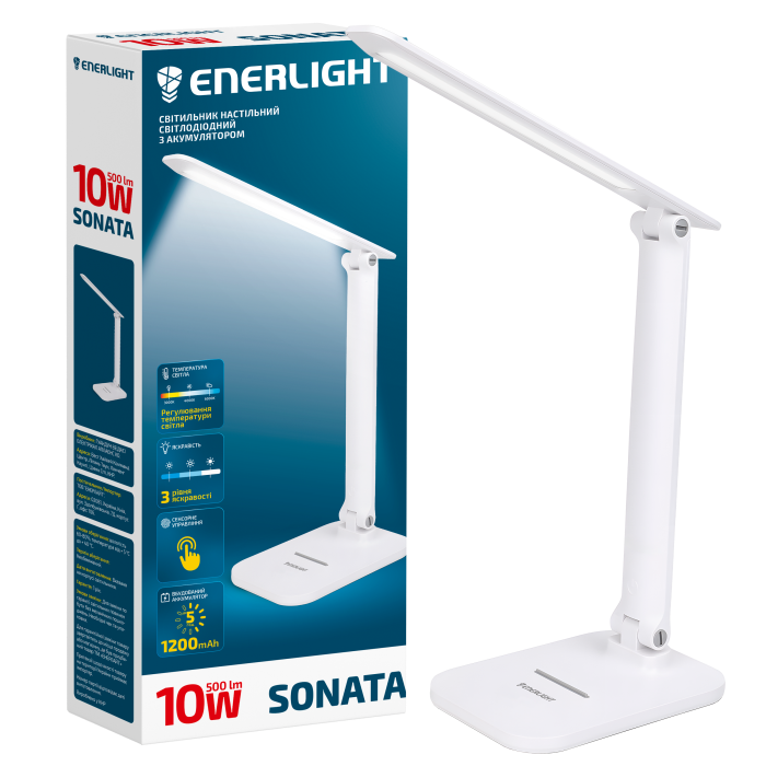 Світильник настільний світлодіодний з акумулятором SONATA 10Вт 3000-6000K, білий, Enerlight [SONATA10SMD50MW]