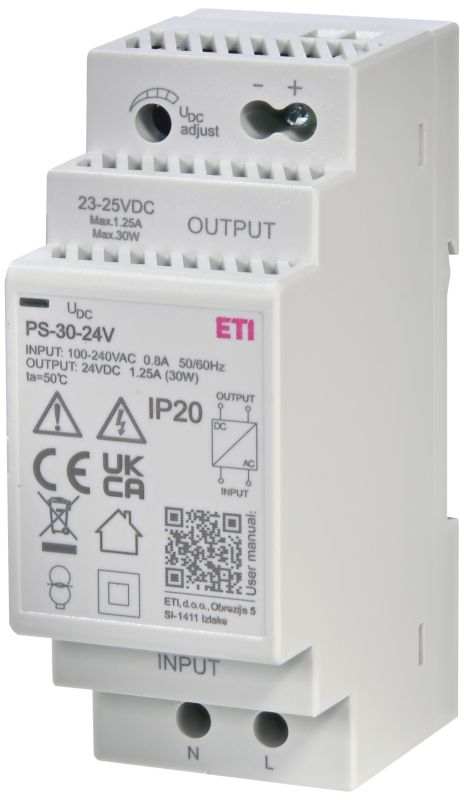 Блок живлення PS-30-24 (Вхід: 100-250V AC; Вихід: 24V DC/30W/1.25A), ETI [002470133]