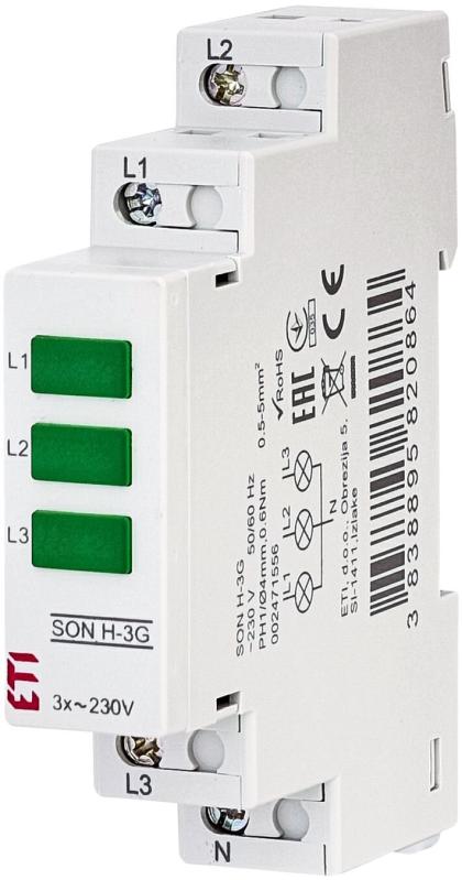 Трифазний індикатор наявності напруги SON H-3G, 3х зелений LED, ETI [002471556]