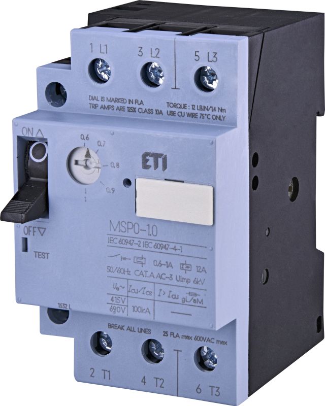 Автоматичний вимикач захисту двигуна MSP0-1.0 (0.25 кВт, 0.6-1A), ETI [004646619]