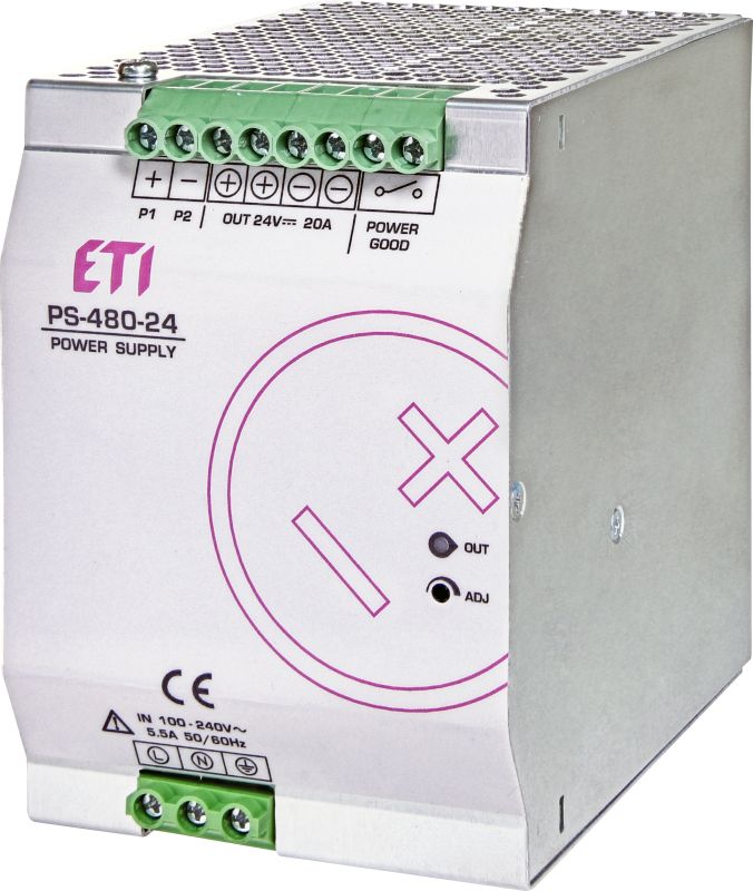 Блок живлення PS-480-24 (Вхід: 100-240V AC/140-340V DC; Вихід: 24-28V DC/480W/20A), ETI [004656684]