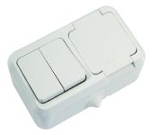 Розетка + вимикач двоклавішний, з кришкою із з/к, без шторок, білий, Makel [18351]
