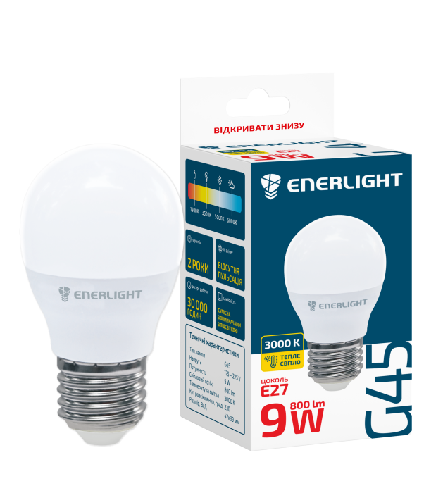 Лампа світлодіодна G45 9Вт 3000K E27, Enerlight [G45E279SMDWFR]