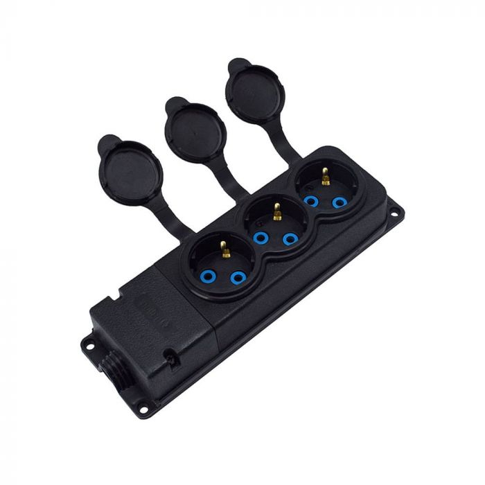 Розетка каучукова тримісна стаціонарна 3KMP 2Р+РЕ, 16А,  IP44, чорна, Bylion [403358]