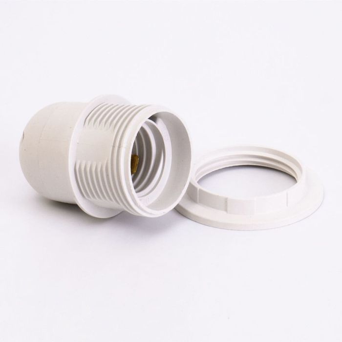 Патрон пластиковий Е27 зі стопором та з гайкою, білий, TAKEL [503722]