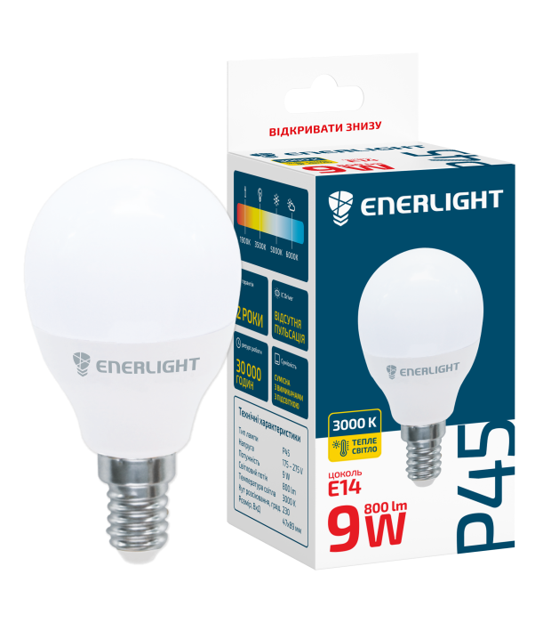 Лампа світлодіодна P45 9Вт 3000K E14, Enerlight [P45E149SMDWFR]