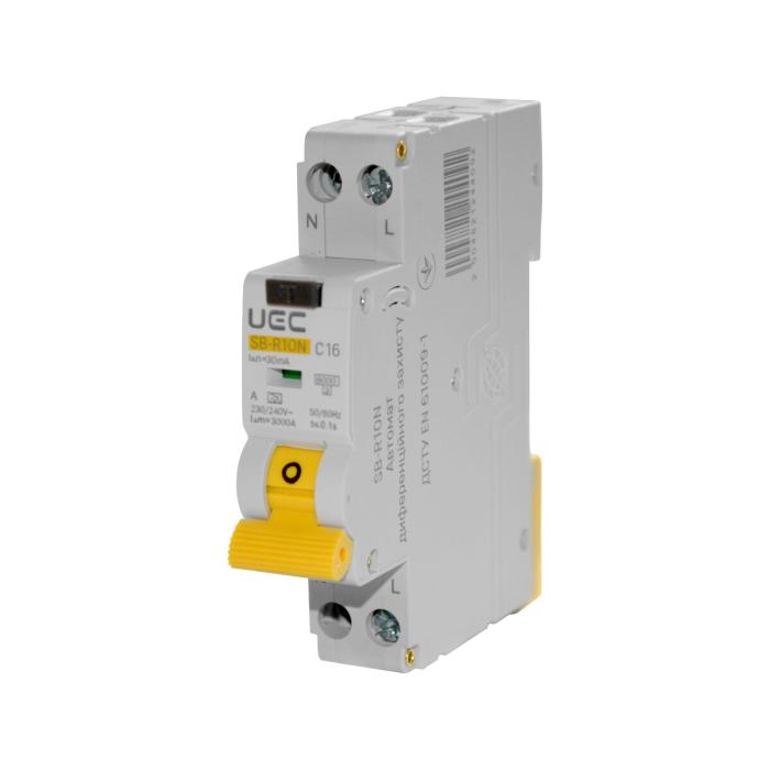 Авт. диф. захисту SB-R10N 2P C 16A  30mA Tип A  6kA UEC [RCBO-R10N-2-016-C-030-A]