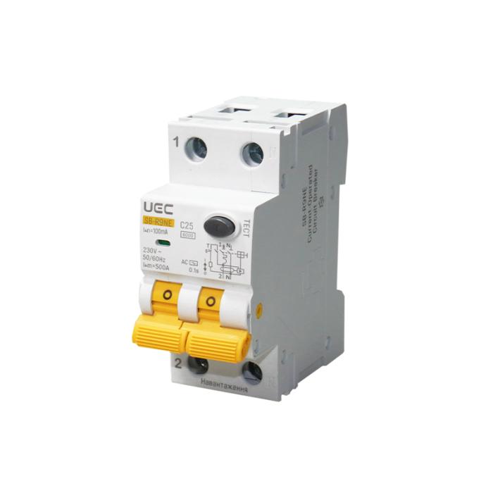 Автомат диференційного захисту SB-R9NE 2P C 25A  100mA Tип AC  6kA UEC [RCBO60-2-025-C-100-AC]