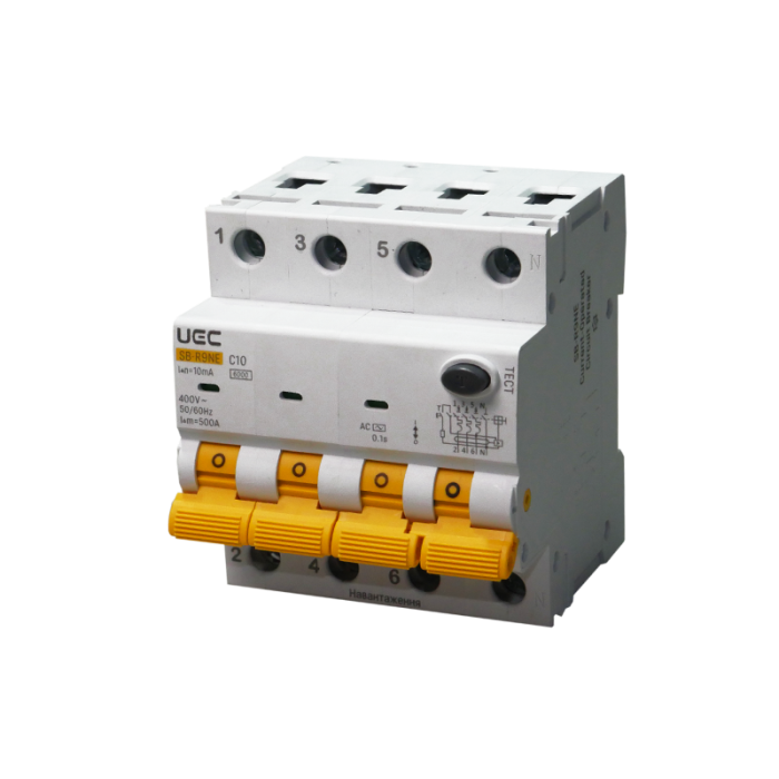 Автомат диференційного захисту SB-R9NE 4P C 10A  10mA Tип AC  6kA UEC [RCBO60-4-010-C-010-AC]