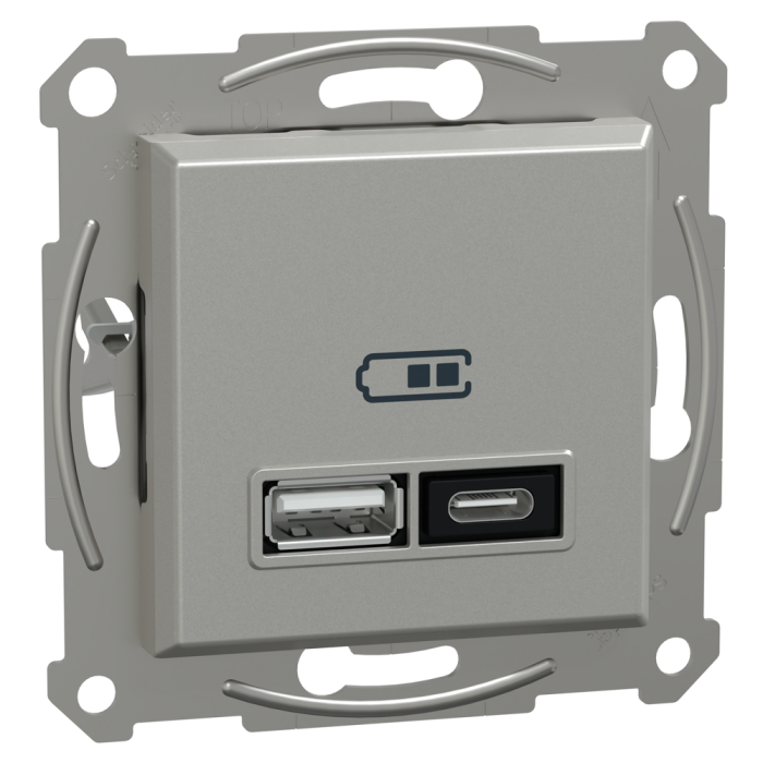 Подвійний зарядний пристрій USB, Asfora, тип A+C, 21 Вт, механізм з супортом, алюміній, Schneider Electric [EPH2700561]