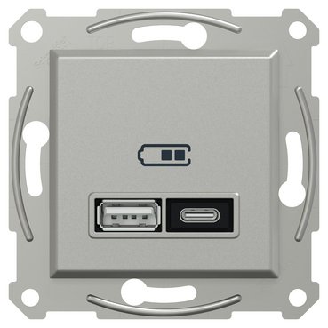 Подвійний зарядний пристрій USB, Asfora, тип A+C, 21 Вт, механізм з супортом, алюміній, Schneider Electric [EPH2700561]