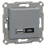 Подвійний зарядний пристрій USB, Asfora, тип A+C, 21 Вт, механізм з супортом, сталь, Schneider Electric [EPH2700562]